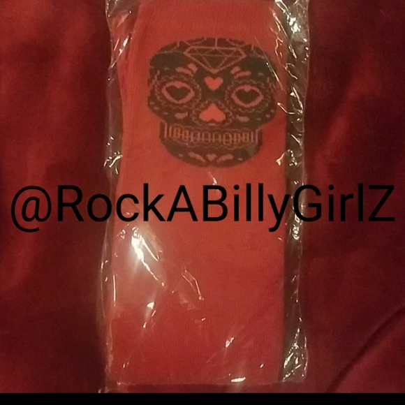 Sourpuss 19" Red Day of Dead Sexy Thigh High Socks w Double Sided Black Skulls - Picture 6 of 6
